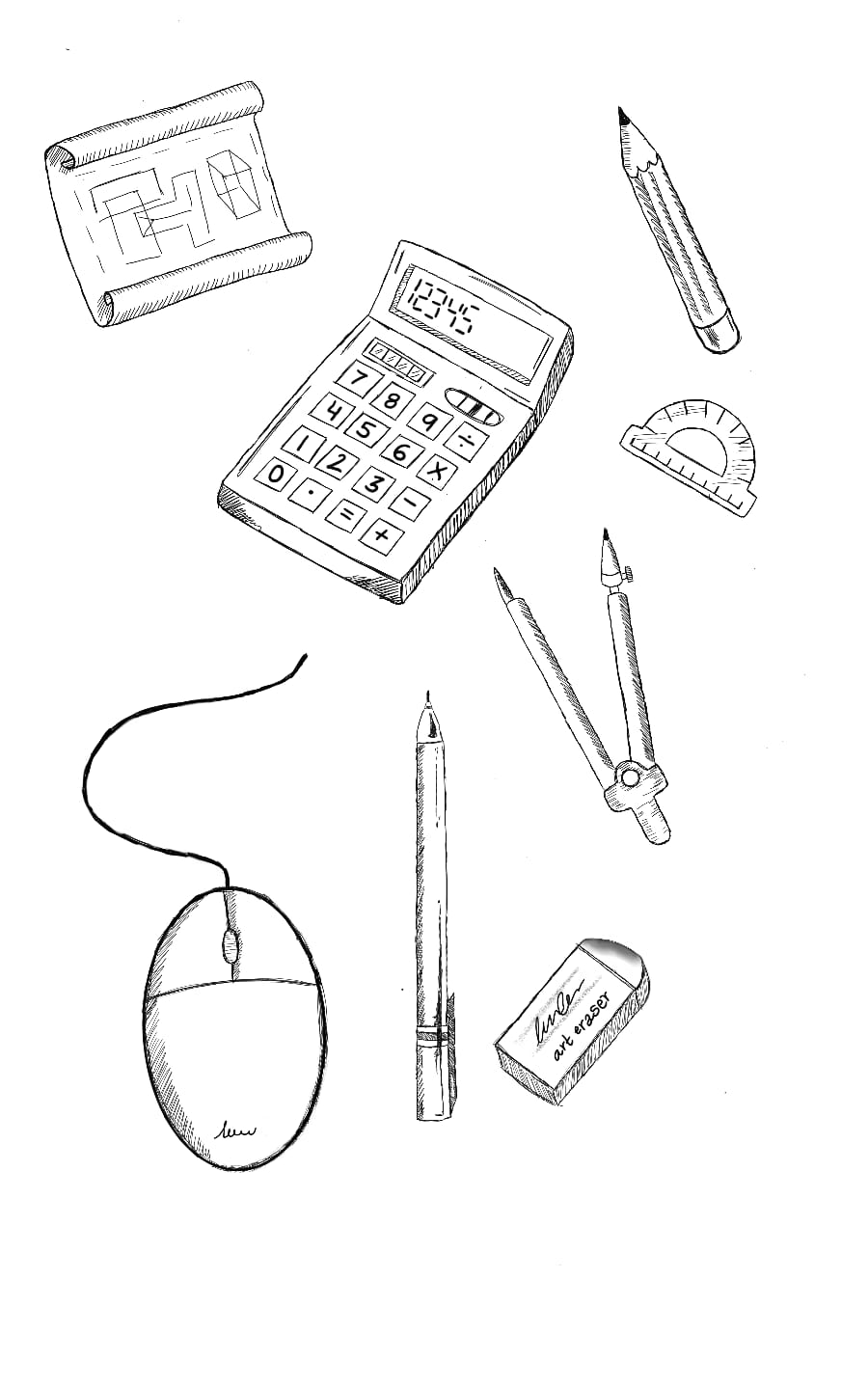 Artwork containing sketches of tools like calculator, pencil, computer mouse, etc